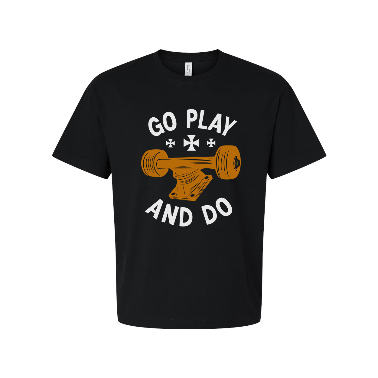 Unisex Skateboard Graphic Tee With Orange Deck Illustration And Go Play And Do Motto