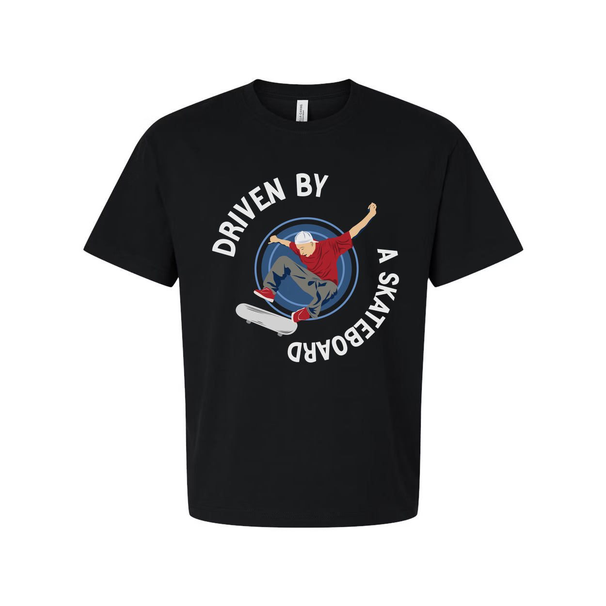 Skateboarder Graphic Tee With Circular Emblem Reading Driven By A Skateboard For Unisex Short Sleeve Shirt