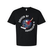 Skateboarder Graphic Tee With Circular Emblem Reading Driven By A Skateboard For Unisex Short Sleeve Shirt