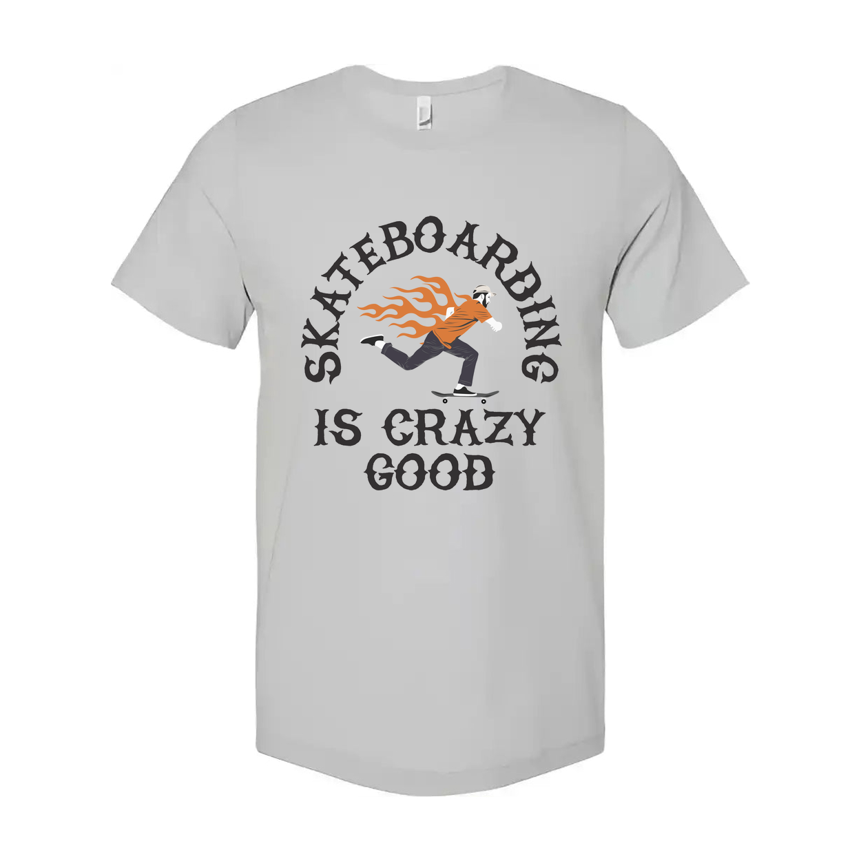 Unisex Skateboarding Graphic T Shirt With Flaming Skater Illustration And Is Crazy Good Text