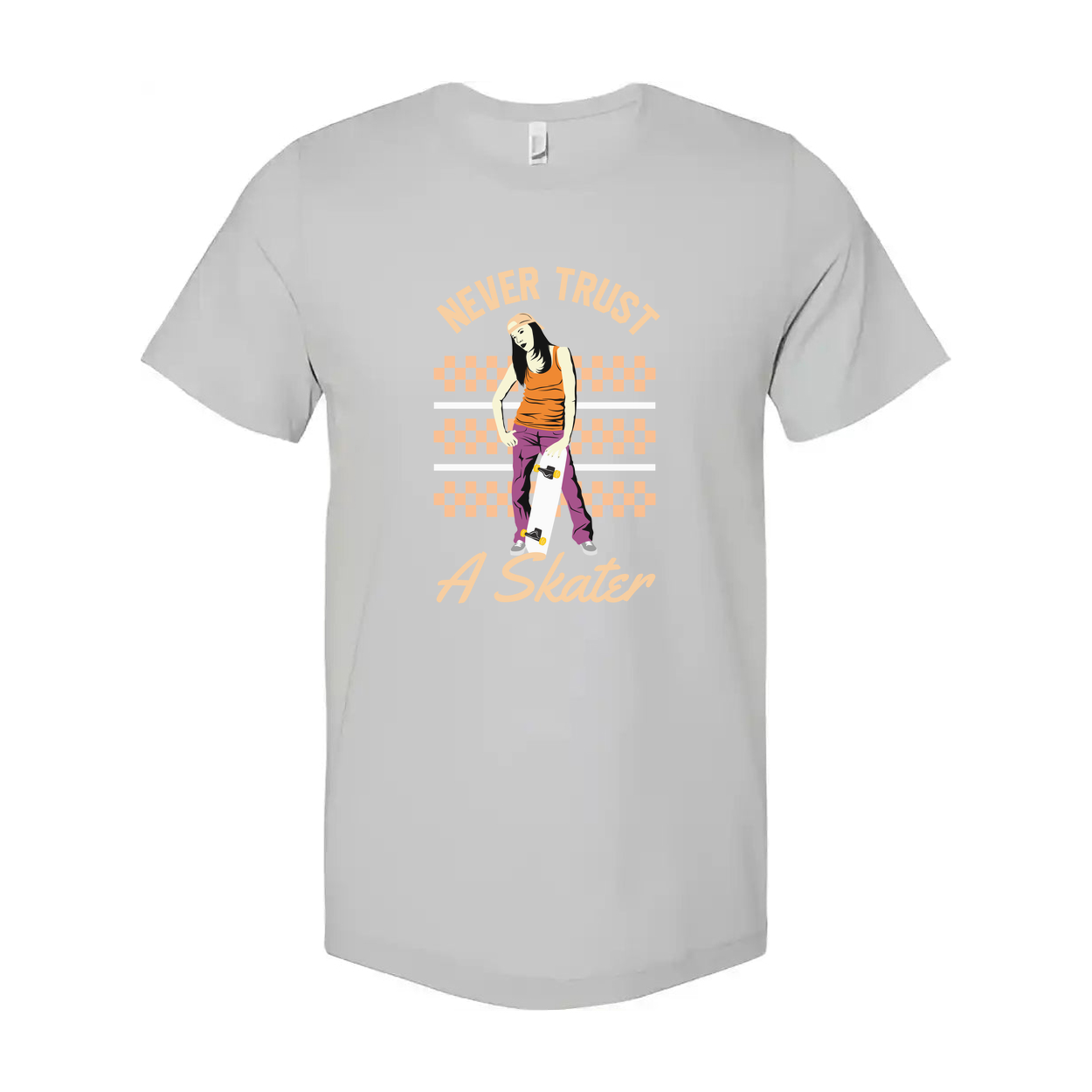 Never Trust A Skater Graphic Tee Featuring Female Skateboarder In Orange Pants And Checkerboard Background