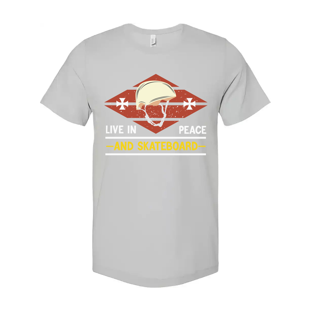 Unisex Skateboard T Shirt With Vintage Helmet Graphic And Live In Peace And Skateboard Message