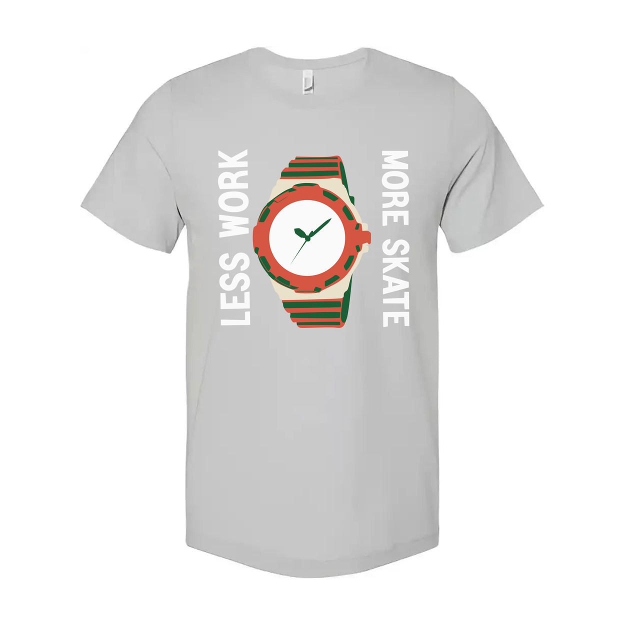 Unisex Skateboard Graphic T Shirt With Colorful Watch Illustration And Less Work More Skate Slogan