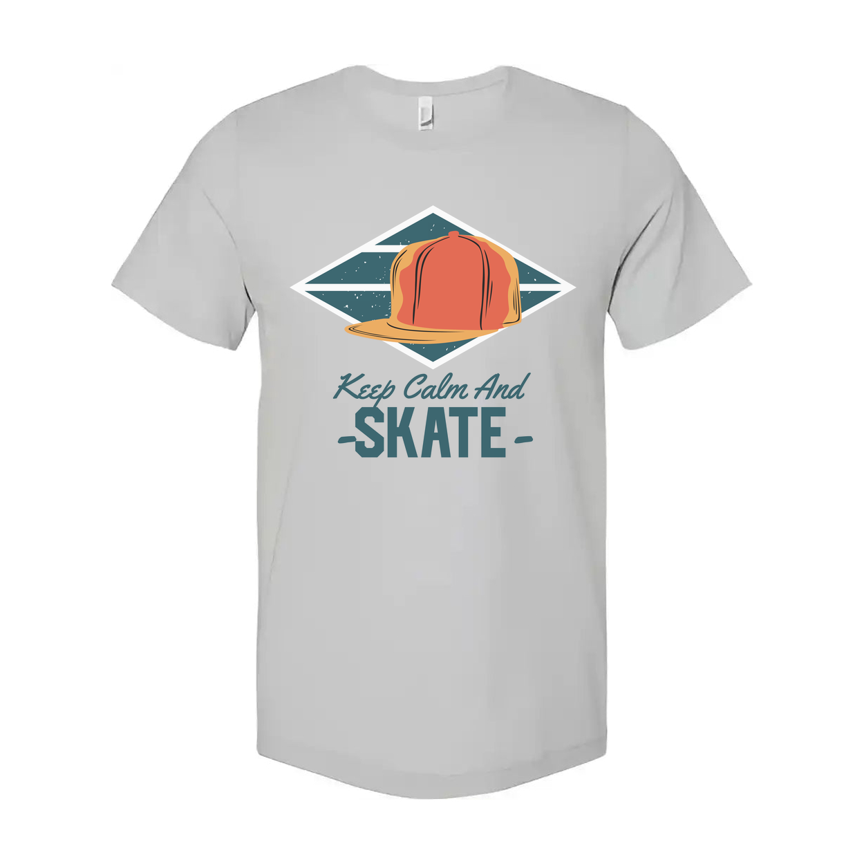 Keep Calm And Skate Graphic Tee With Orange Cap Inside Teal Diamond Frame For Streetwear Style