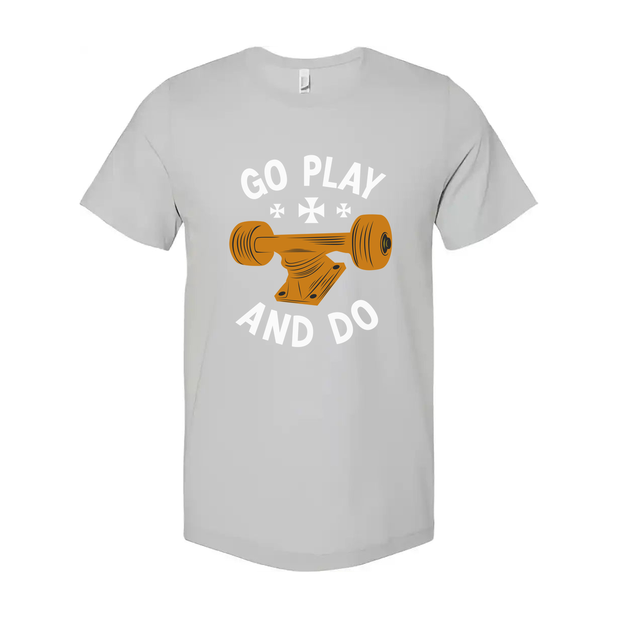 Unisex Skateboard Graphic Tee With Orange Deck Illustration And Go Play And Do Motto