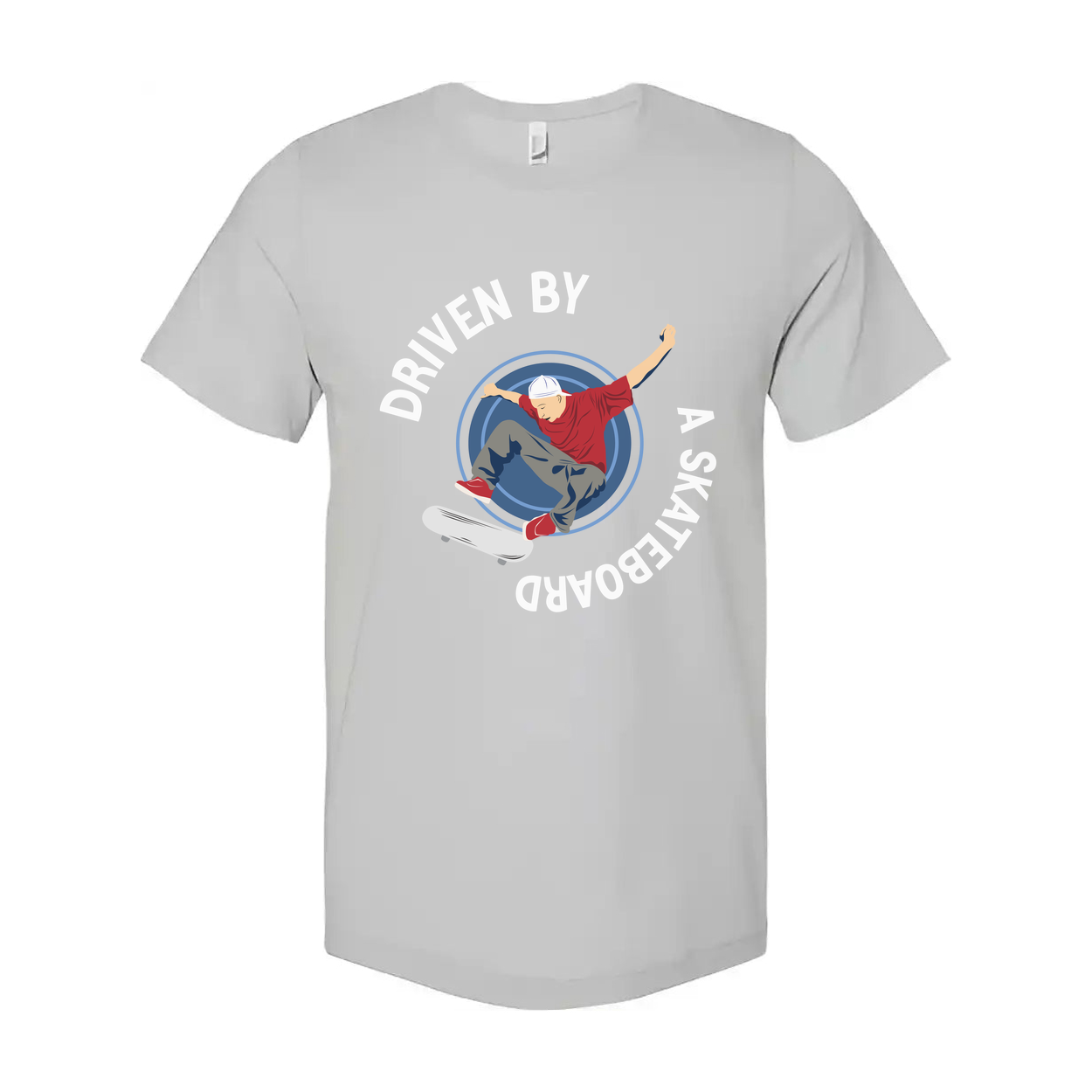 Skateboarder Graphic Tee With Circular Emblem Reading Driven By A Skateboard For Unisex Short Sleeve Shirt
