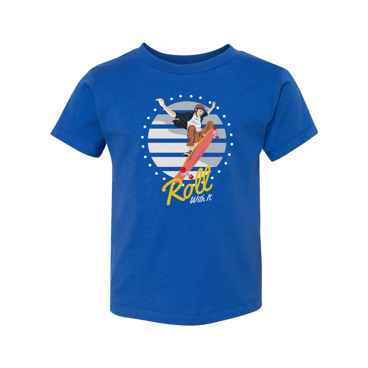 Unisex Skateboard Graphic T Shirt Featuring Skater Jump And Roll With It Artwork