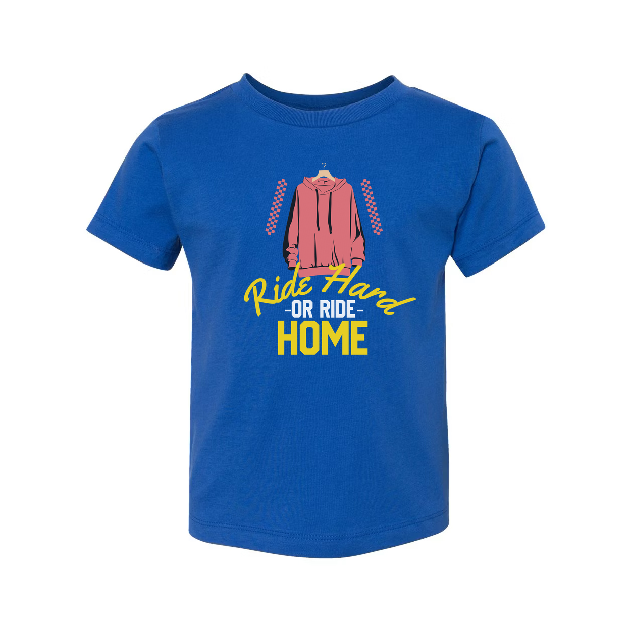 Unisex Skateboard Graphic Tee With Pink Hoodie Illustration And Ride Hard Or Ride Home Text