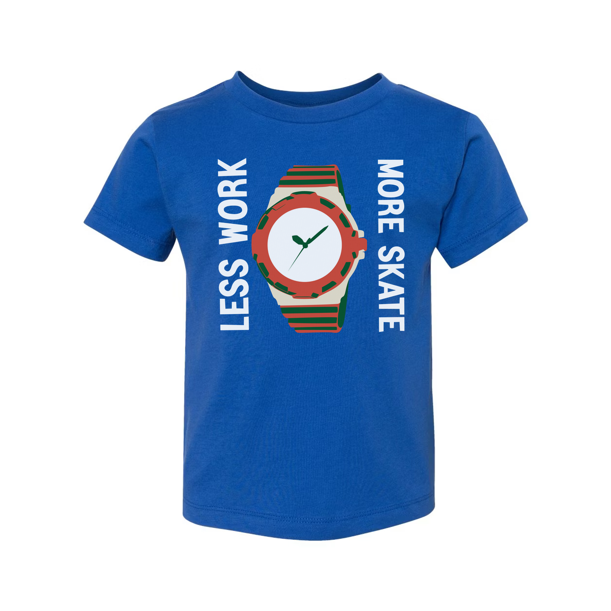 Unisex Skateboard Graphic T Shirt With Colorful Watch Illustration And Less Work More Skate Slogan