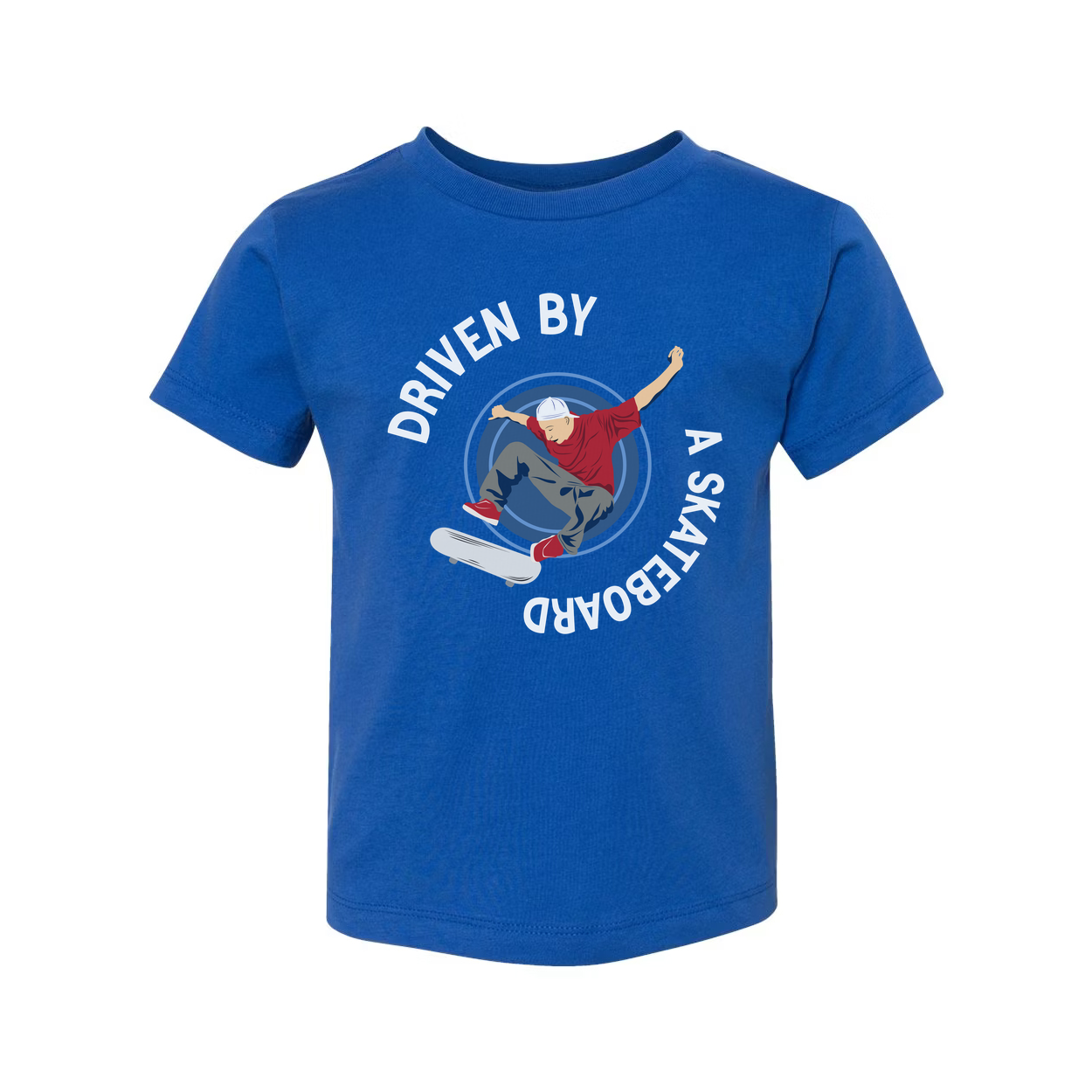 Skateboarder Graphic Tee With Circular Emblem Reading Driven By A Skateboard For Unisex Short Sleeve Shirt