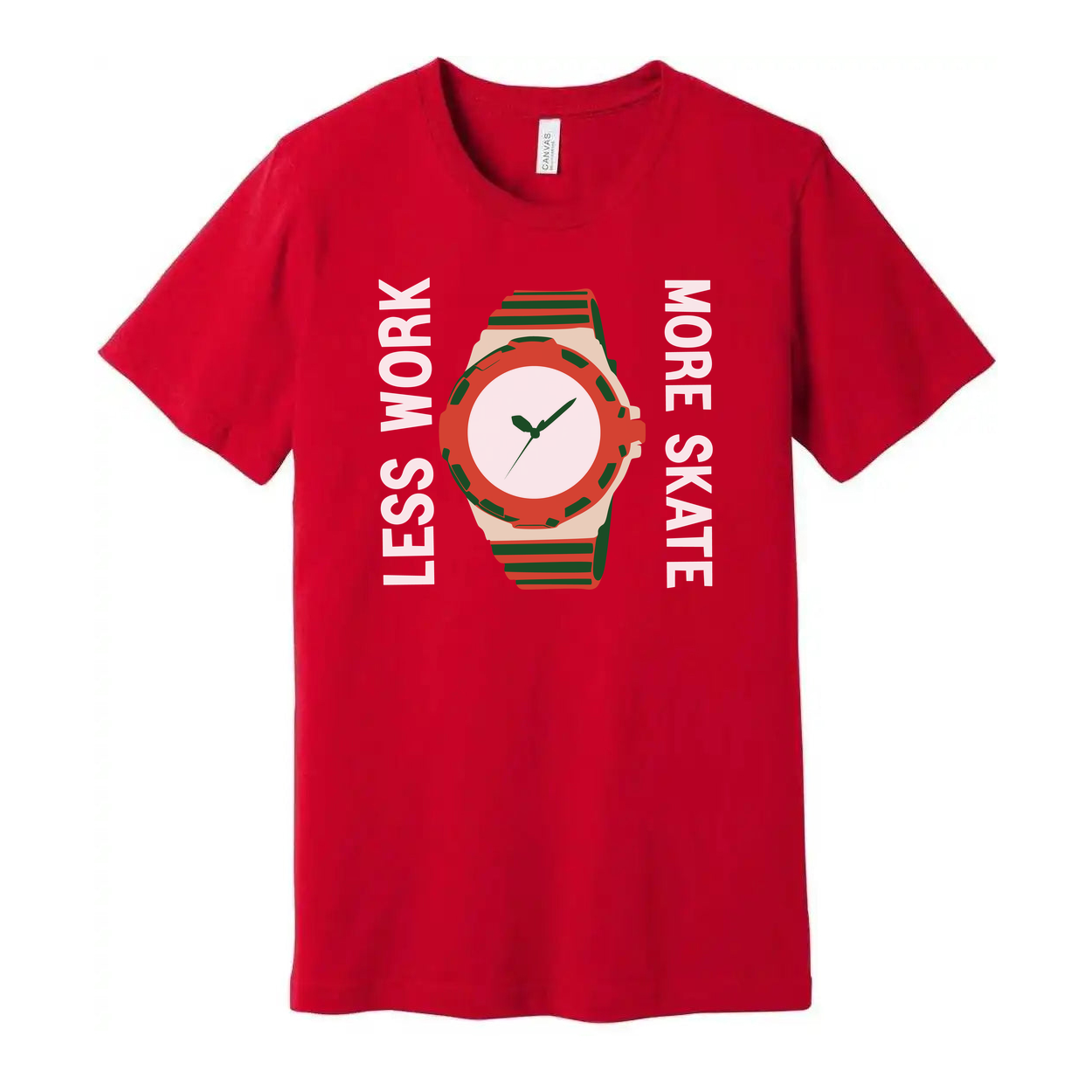 Unisex Skateboard Graphic T Shirt With Colorful Watch Illustration And Less Work More Skate Slogan