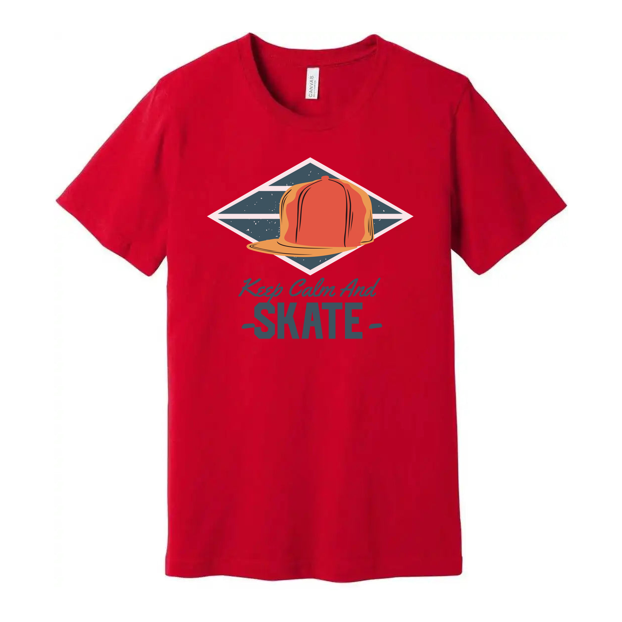 Keep Calm And Skate Graphic Tee With Orange Cap Inside Teal Diamond Frame For Streetwear Style