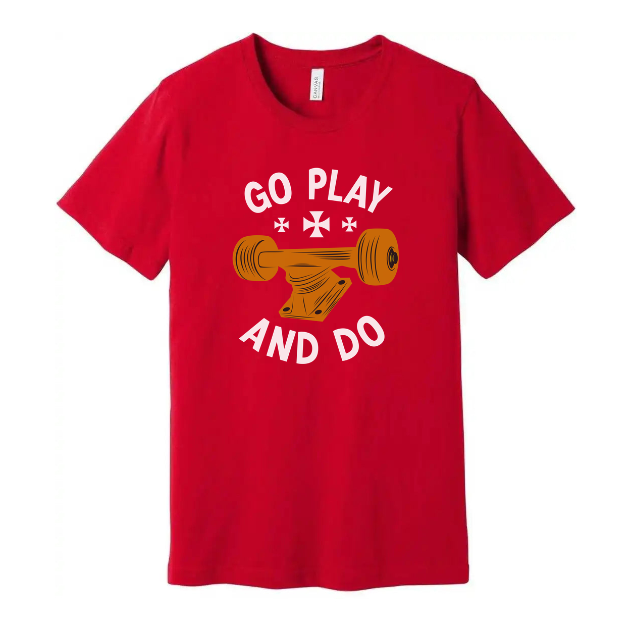 Unisex Skateboard Graphic Tee With Orange Deck Illustration And Go Play And Do Motto