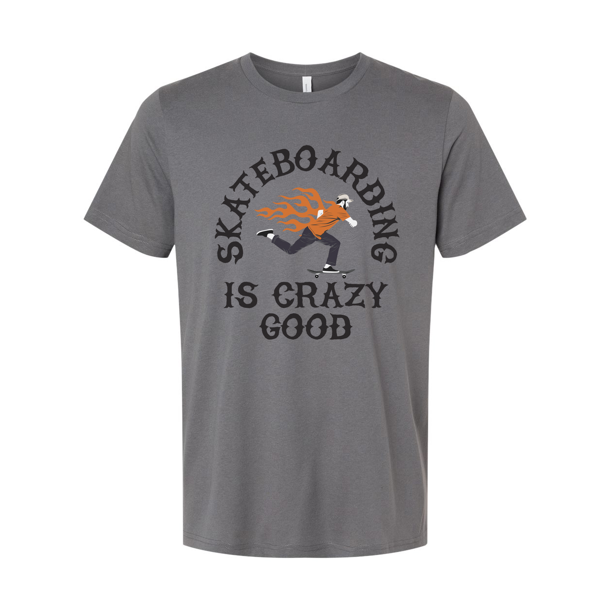 Unisex Skateboarding Graphic T Shirt With Flaming Skater Illustration And Is Crazy Good Text
