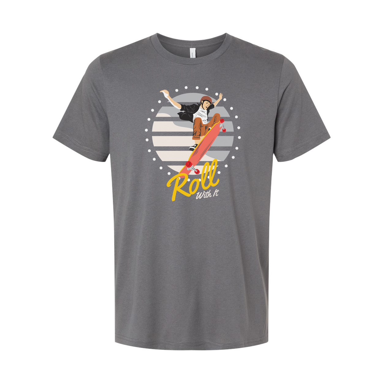 Unisex Skateboard Graphic T Shirt Featuring Skater Jump And Roll With It Artwork