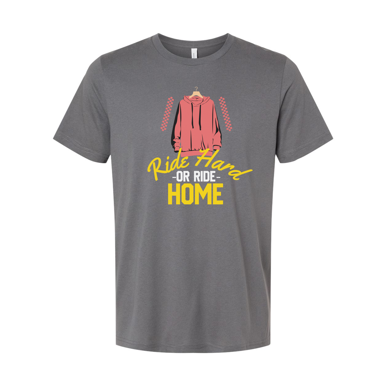 Unisex Skateboard Graphic Tee With Pink Hoodie Illustration And Ride Hard Or Ride Home Text