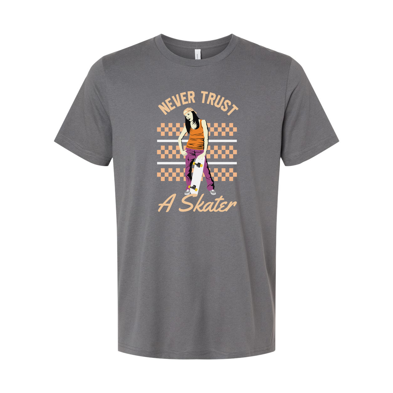Never Trust A Skater Graphic Tee Featuring Female Skateboarder In Orange Pants And Checkerboard Background