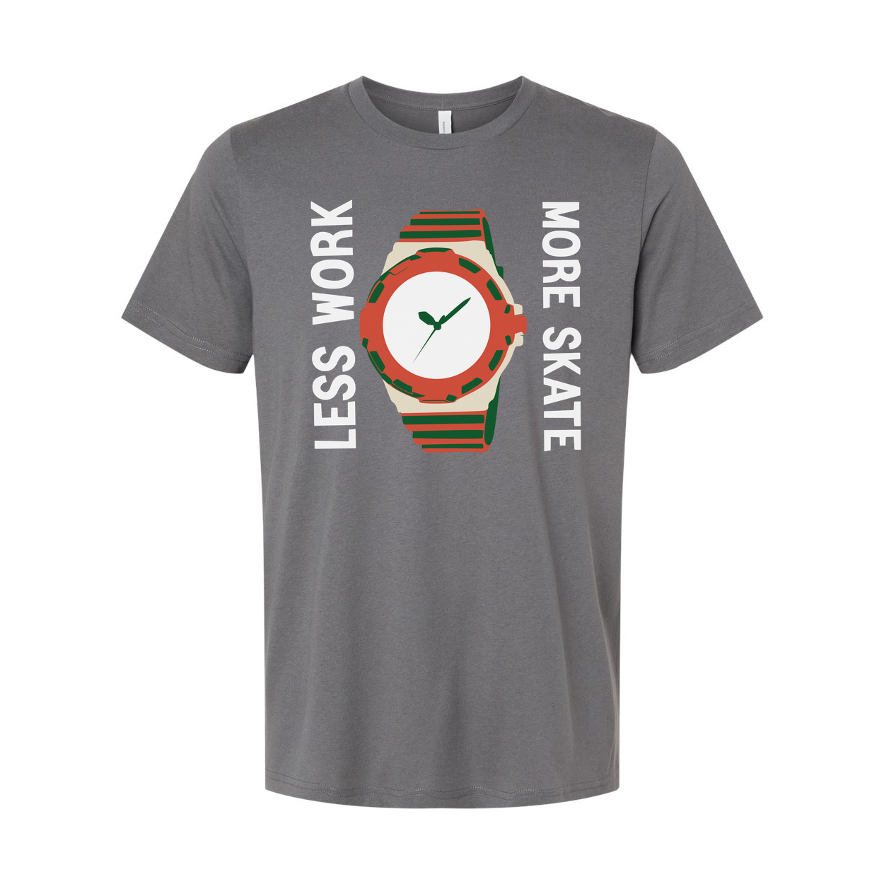 Unisex Skateboard Graphic T Shirt With Colorful Watch Illustration And Less Work More Skate Slogan