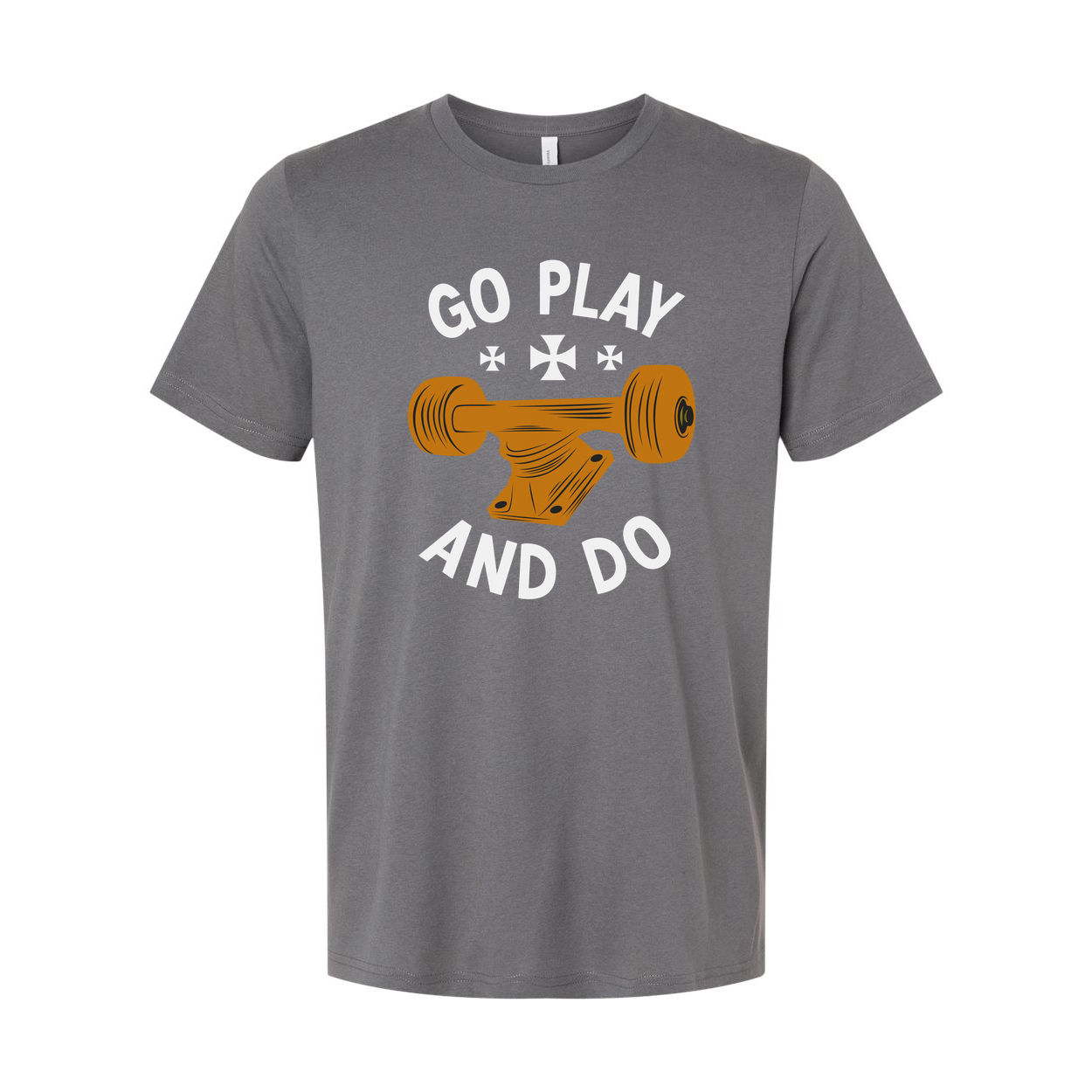 Unisex Skateboard Graphic Tee With Orange Deck Illustration And Go Play And Do Motto