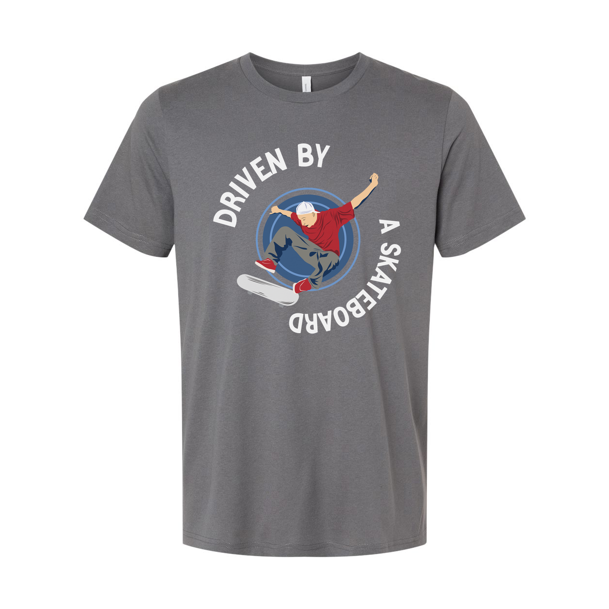 Skateboarder Graphic Tee With Circular Emblem Reading Driven By A Skateboard For Unisex Short Sleeve Shirt