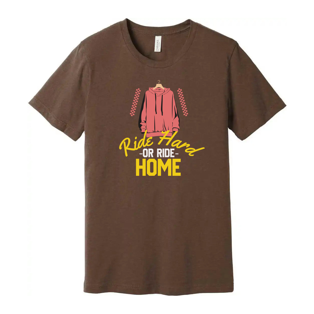 Unisex Skateboard Graphic Tee With Pink Hoodie Illustration And Ride Hard Or Ride Home Text