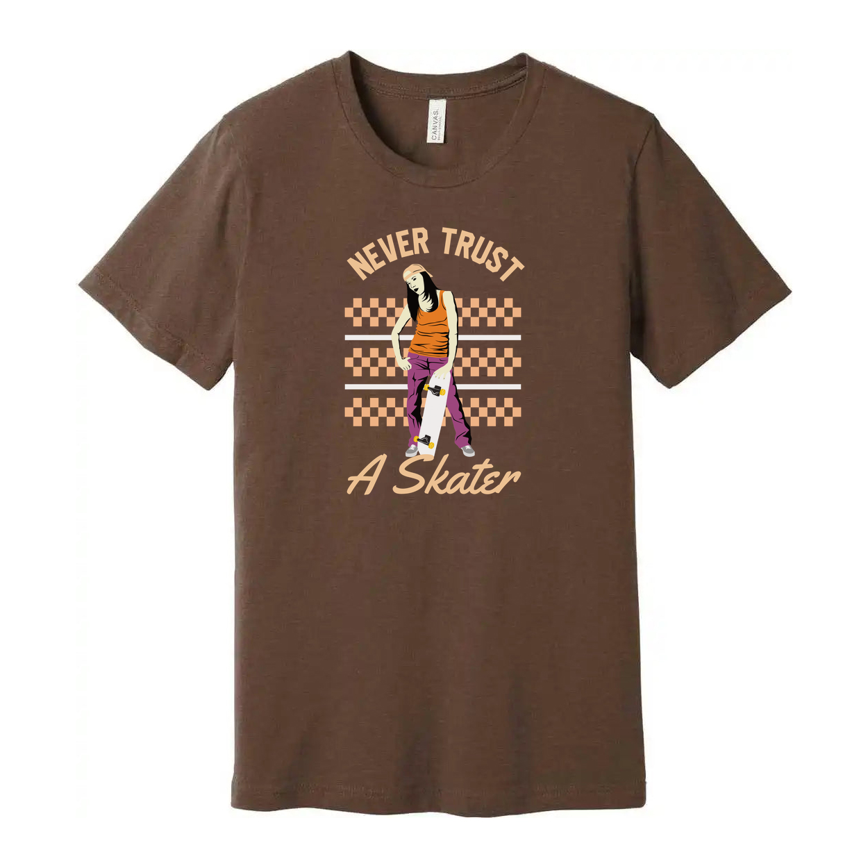 Never Trust A Skater Graphic Tee Featuring Female Skateboarder In Orange Pants And Checkerboard Background