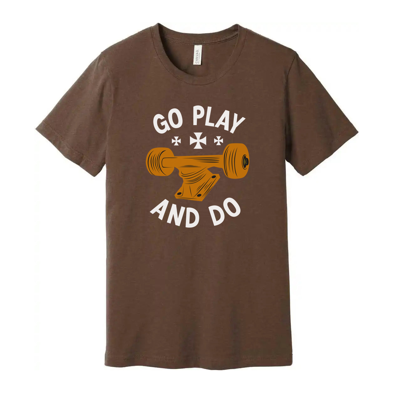 Unisex Skateboard Graphic Tee With Orange Deck Illustration And Go Play And Do Motto