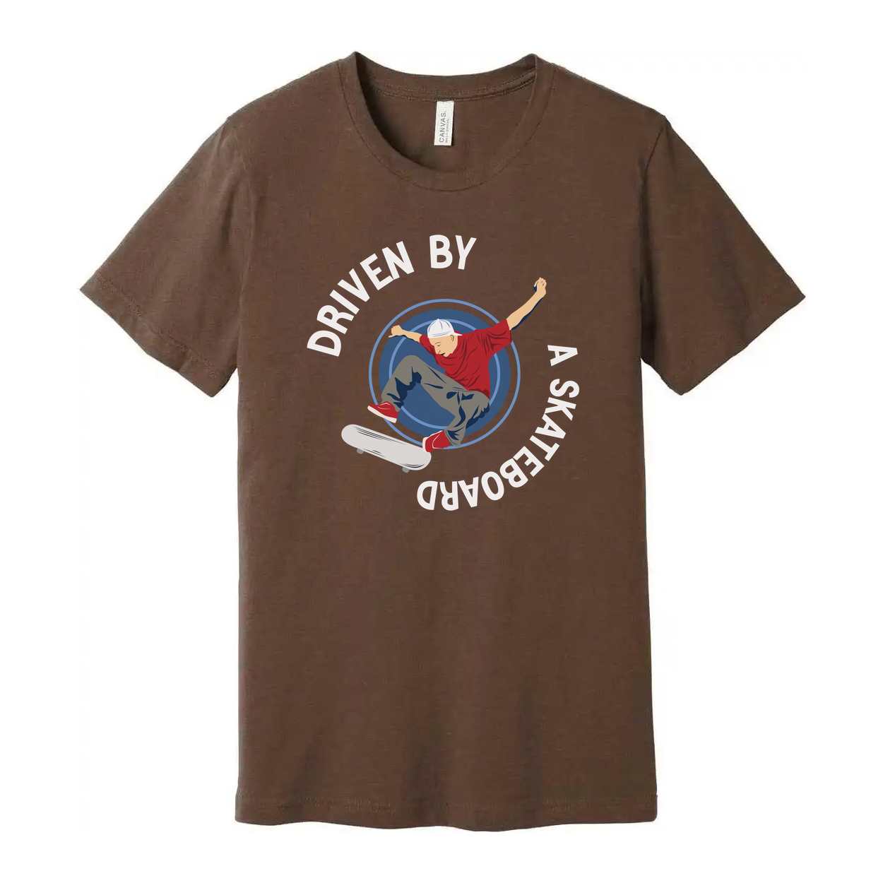 Skateboarder Graphic Tee With Circular Emblem Reading Driven By A Skateboard For Unisex Short Sleeve Shirt