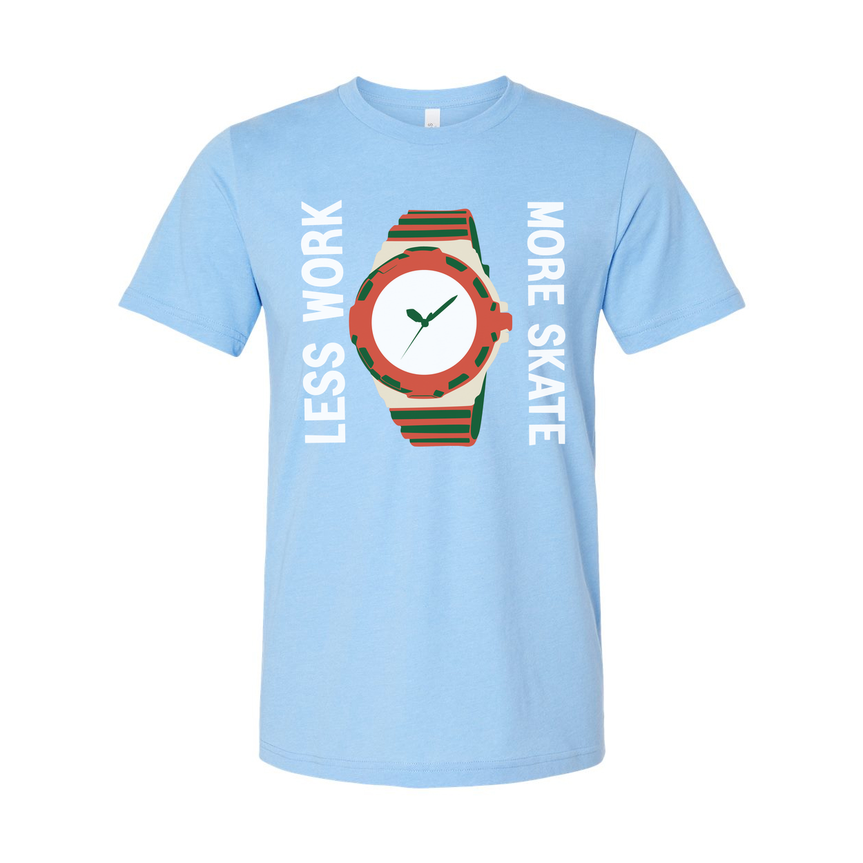 Unisex Skateboard Graphic T Shirt With Colorful Watch Illustration And Less Work More Skate Slogan