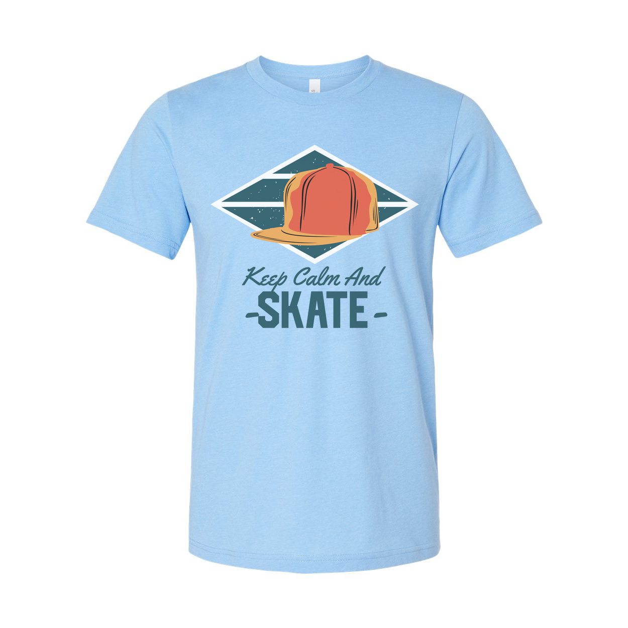 Keep Calm And Skate Graphic Tee With Orange Cap Inside Teal Diamond Frame For Streetwear Style