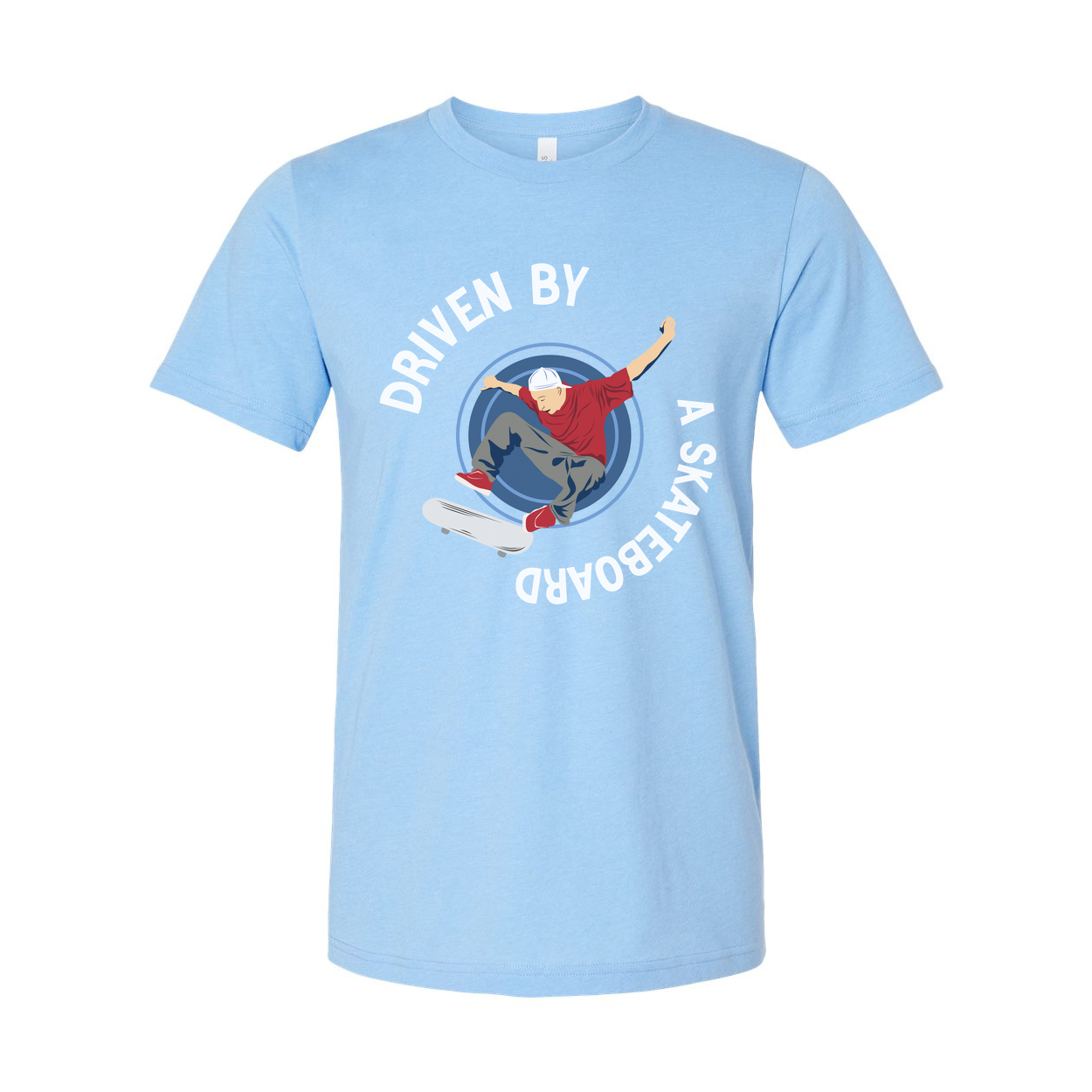 Skateboarder Graphic Tee With Circular Emblem Reading Driven By A Skateboard For Unisex Short Sleeve Shirt