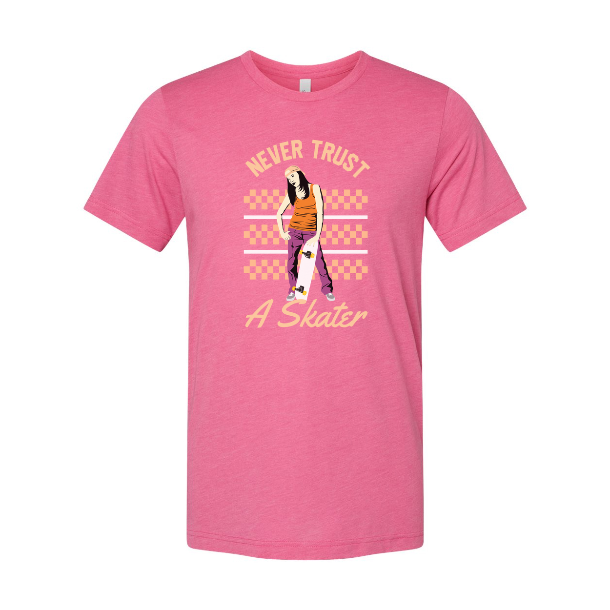 Never Trust A Skater Graphic Tee Featuring Female Skateboarder In Orange Pants And Checkerboard Background