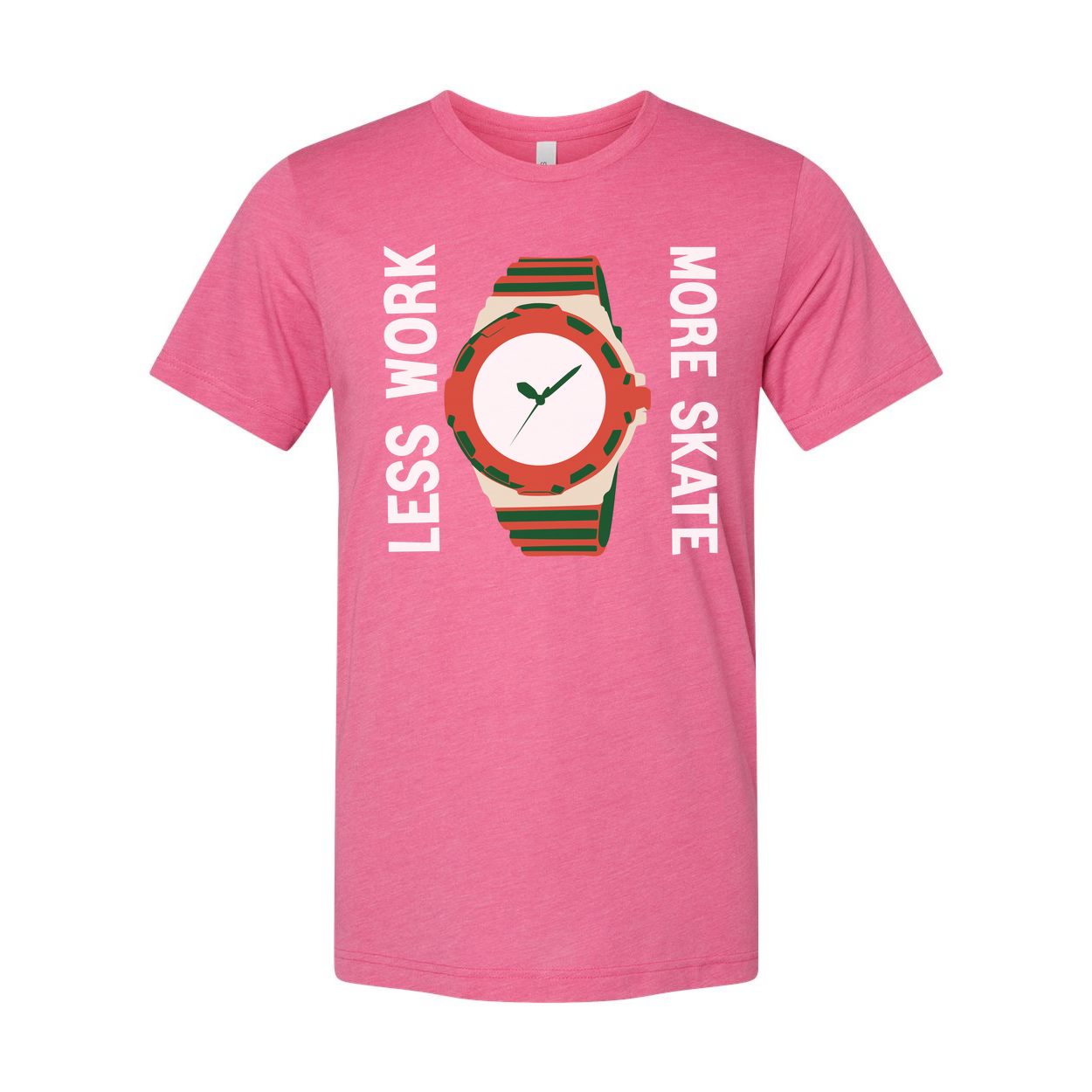 Unisex Skateboard Graphic T Shirt With Colorful Watch Illustration And Less Work More Skate Slogan