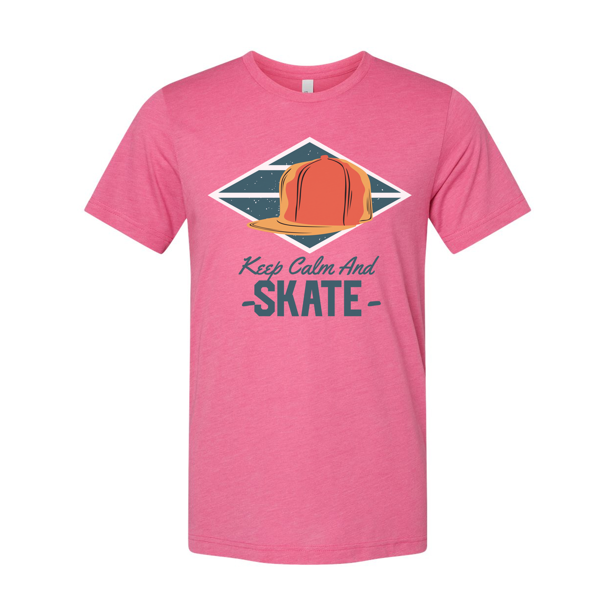 Keep Calm And Skate Graphic Tee With Orange Cap Inside Teal Diamond Frame For Streetwear Style
