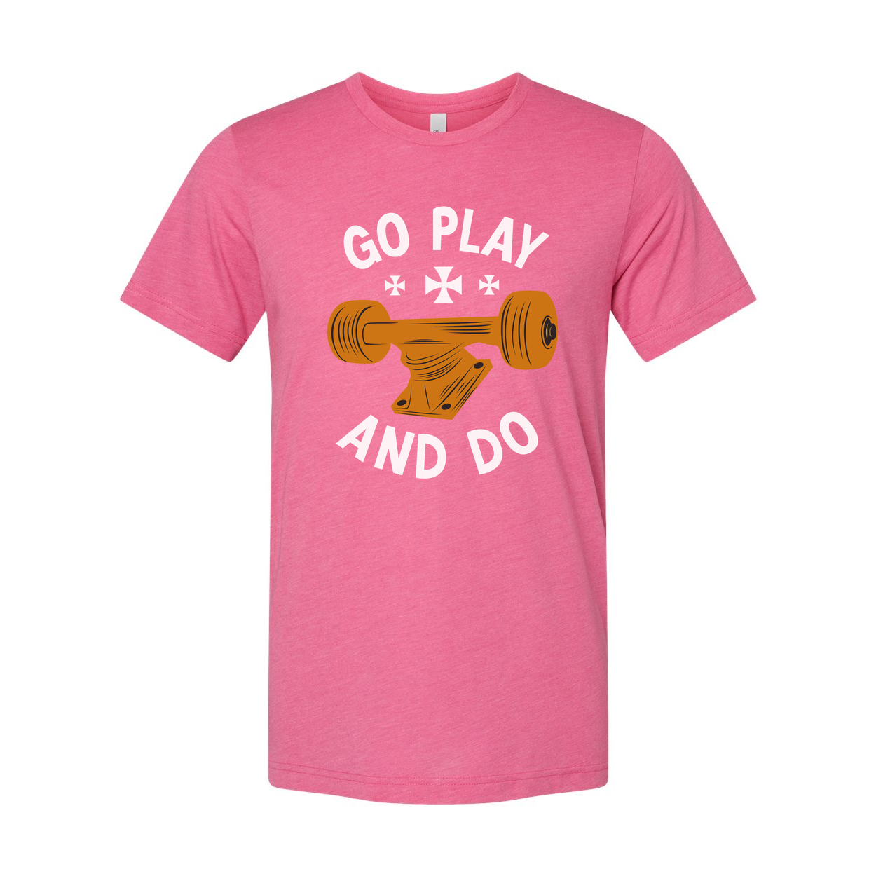 Unisex Skateboard Graphic Tee With Orange Deck Illustration And Go Play And Do Motto