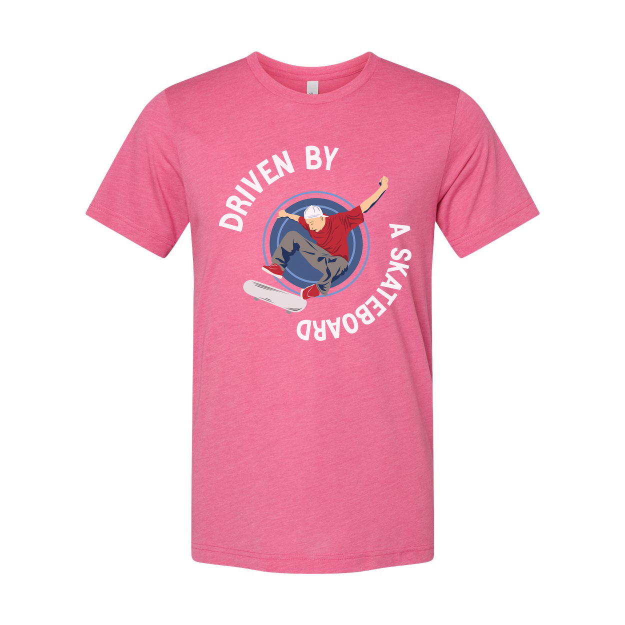 Skateboarder Graphic Tee With Circular Emblem Reading Driven By A Skateboard For Unisex Short Sleeve Shirt