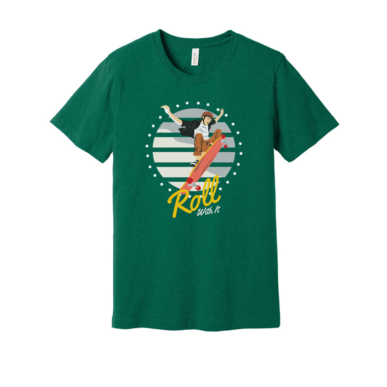 Unisex Skateboard Graphic T Shirt Featuring Skater Jump And Roll With It Artwork