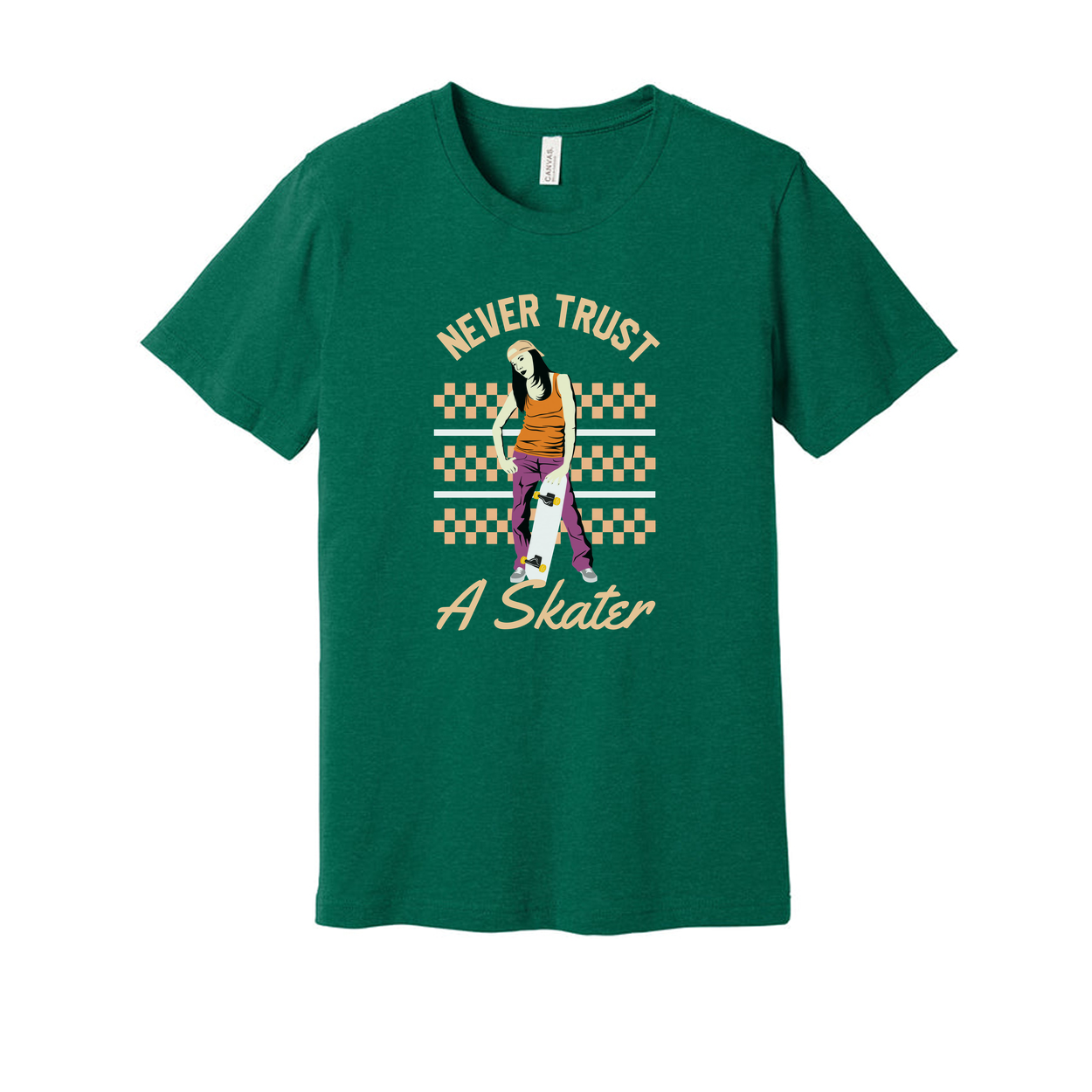 Never Trust A Skater Graphic Tee Featuring Female Skateboarder In Orange Pants And Checkerboard Background