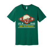 Unisex Skateboard T Shirt With Vintage Helmet Graphic And Live In Peace And Skateboard Message