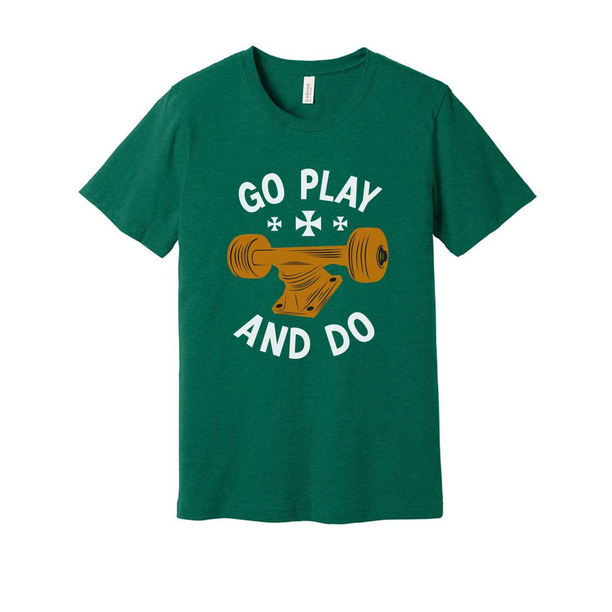Unisex Skateboard Graphic Tee With Orange Deck Illustration And Go Play And Do Motto