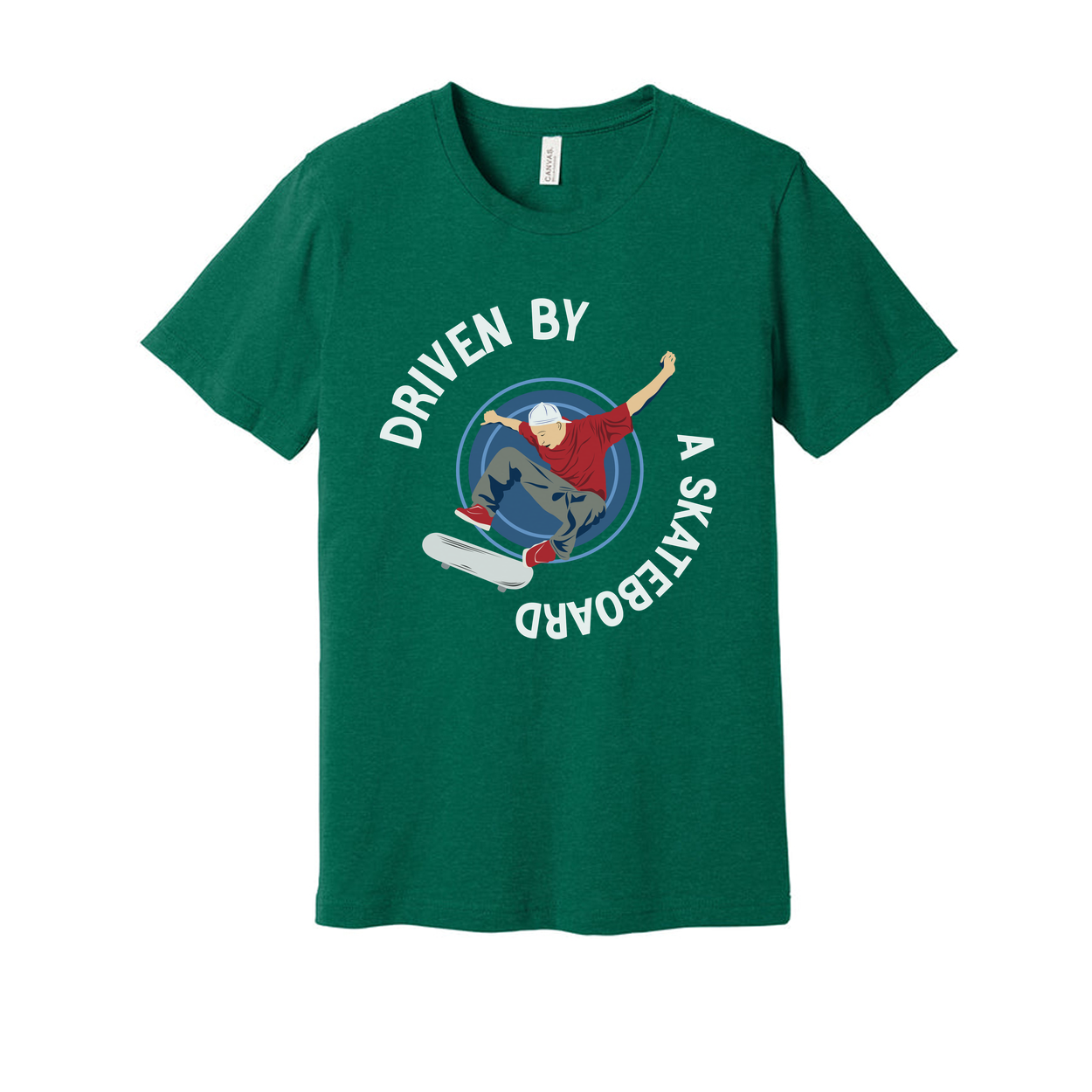 Skateboarder Graphic Tee With Circular Emblem Reading Driven By A Skateboard For Unisex Short Sleeve Shirt