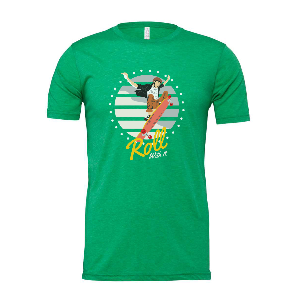 Unisex Skateboard Graphic T Shirt Featuring Skater Jump And Roll With It Artwork