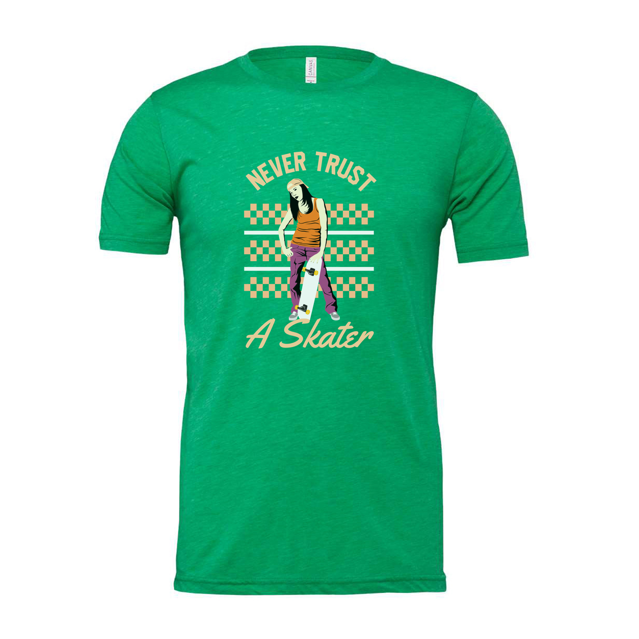 Never Trust A Skater Graphic Tee Featuring Female Skateboarder In Orange Pants And Checkerboard Background
