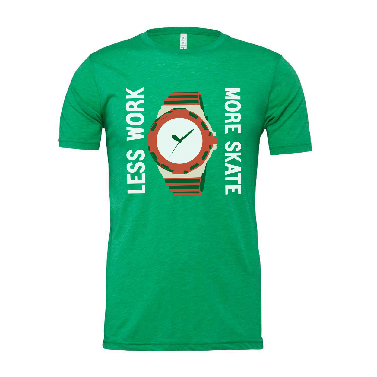 Unisex Skateboard Graphic T Shirt With Colorful Watch Illustration And Less Work More Skate Slogan