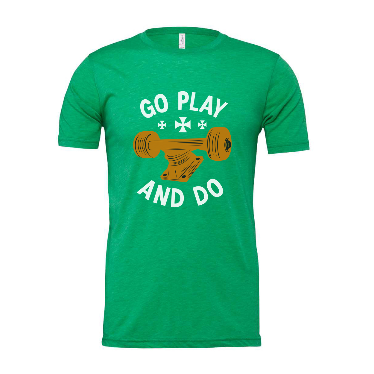 Unisex Skateboard Graphic Tee With Orange Deck Illustration And Go Play And Do Motto