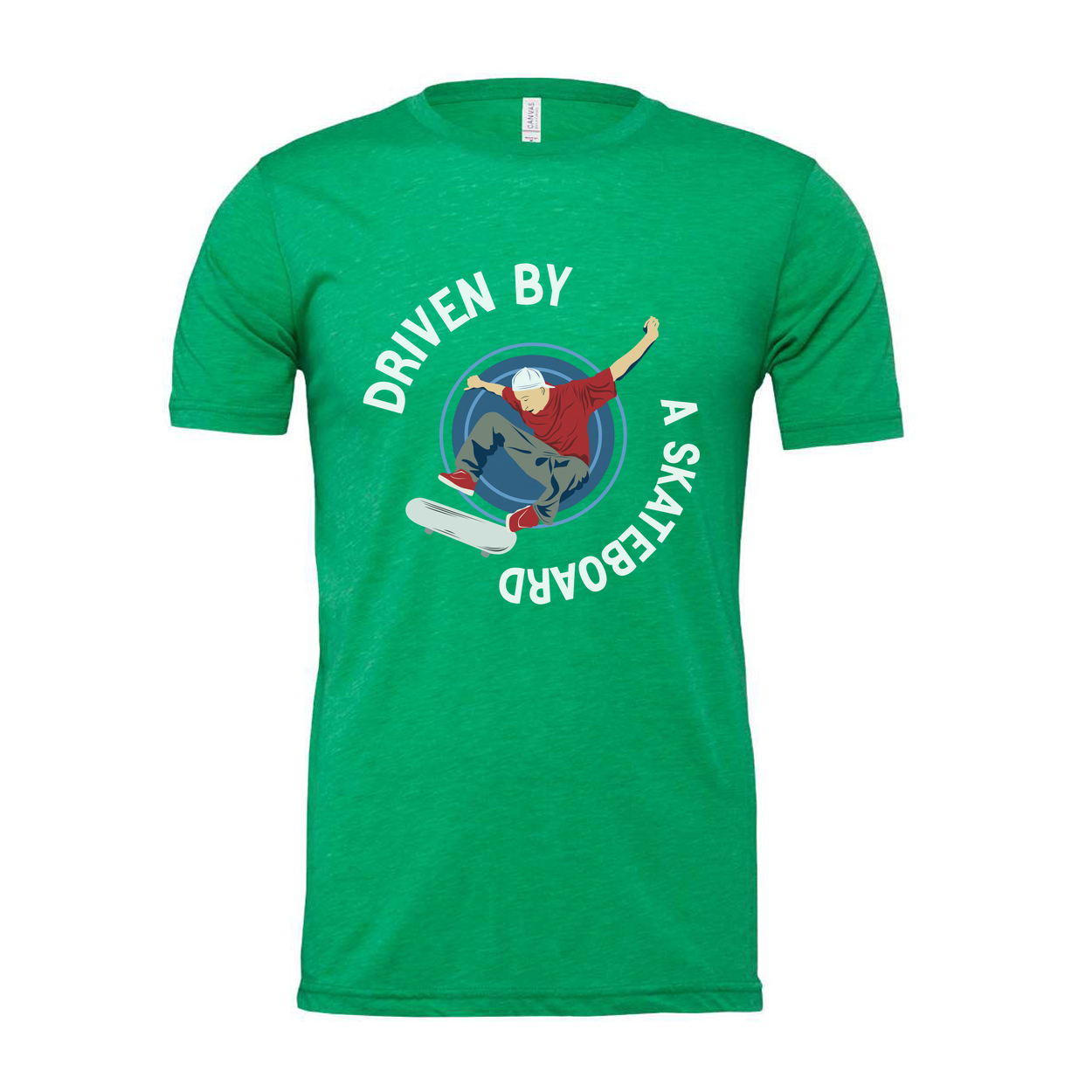 Skateboarder Graphic Tee With Circular Emblem Reading Driven By A Skateboard For Unisex Short Sleeve Shirt