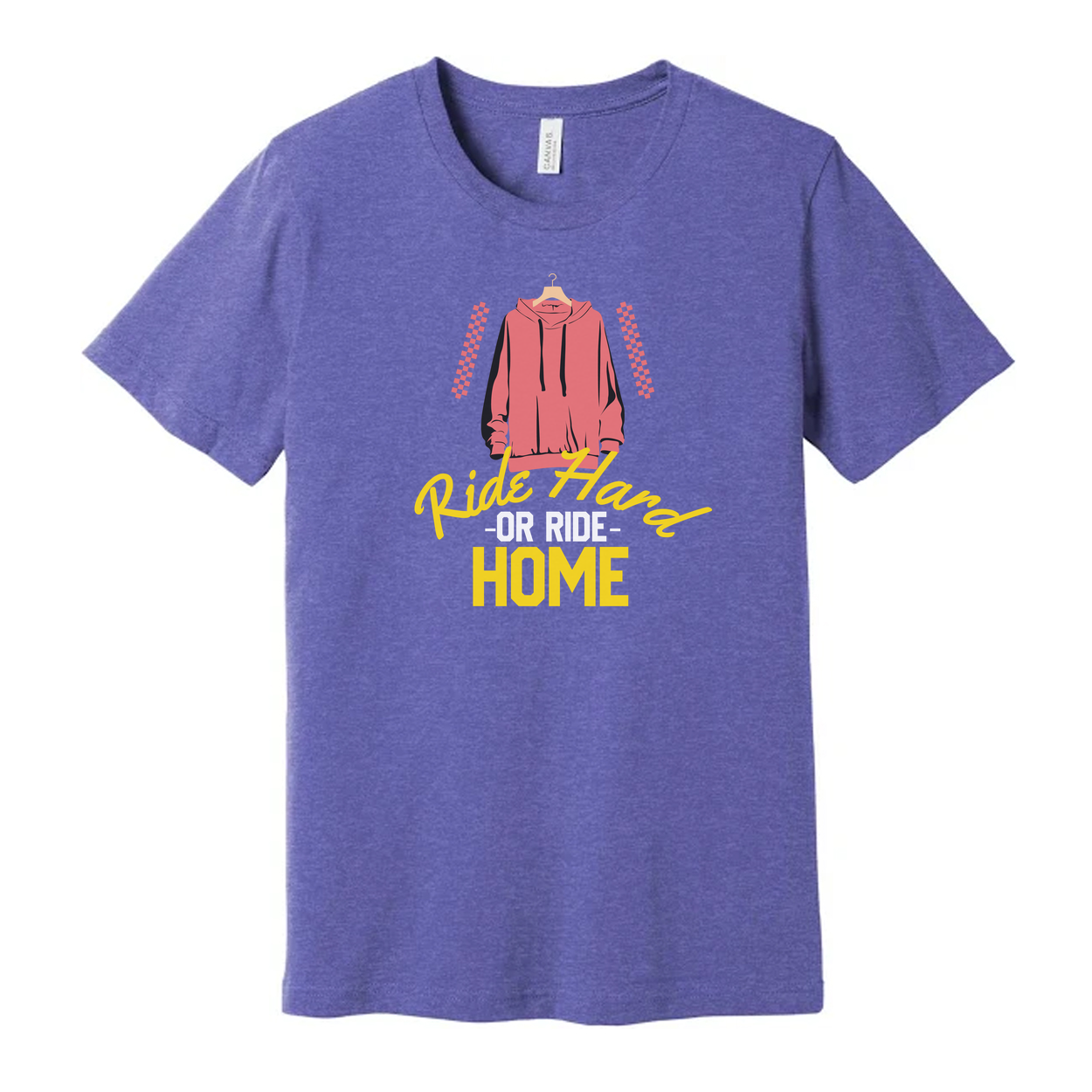 Unisex Skateboard Graphic Tee With Pink Hoodie Illustration And Ride Hard Or Ride Home Text
