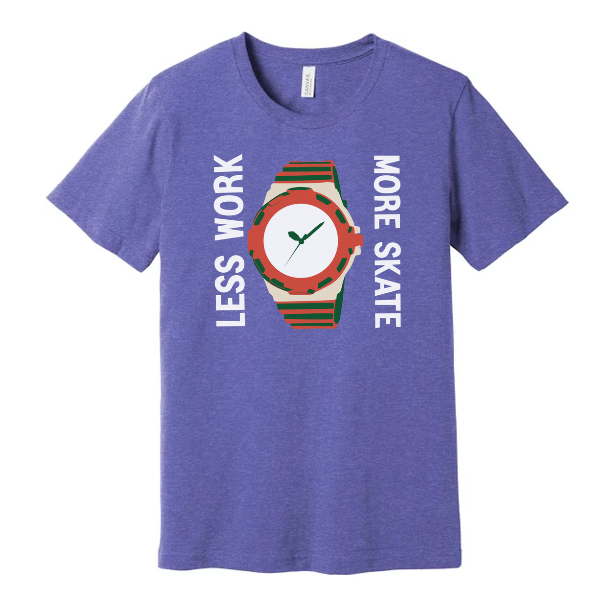 Unisex Skateboard Graphic T Shirt With Colorful Watch Illustration And Less Work More Skate Slogan