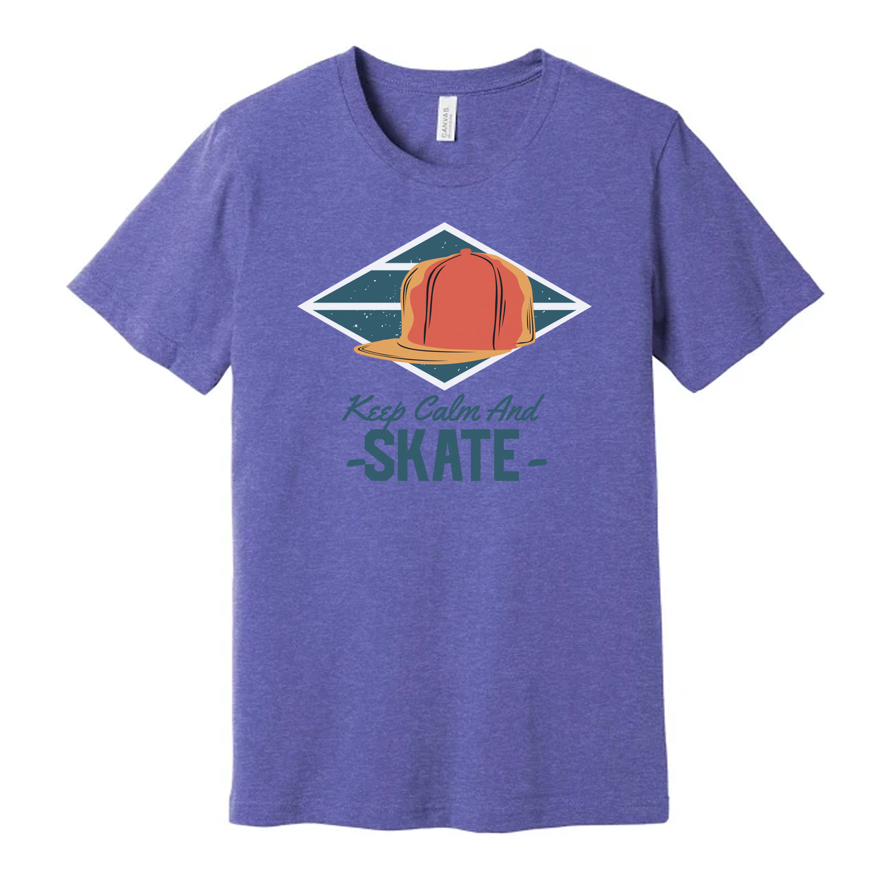 Keep Calm And Skate Graphic Tee With Orange Cap Inside Teal Diamond Frame For Streetwear Style