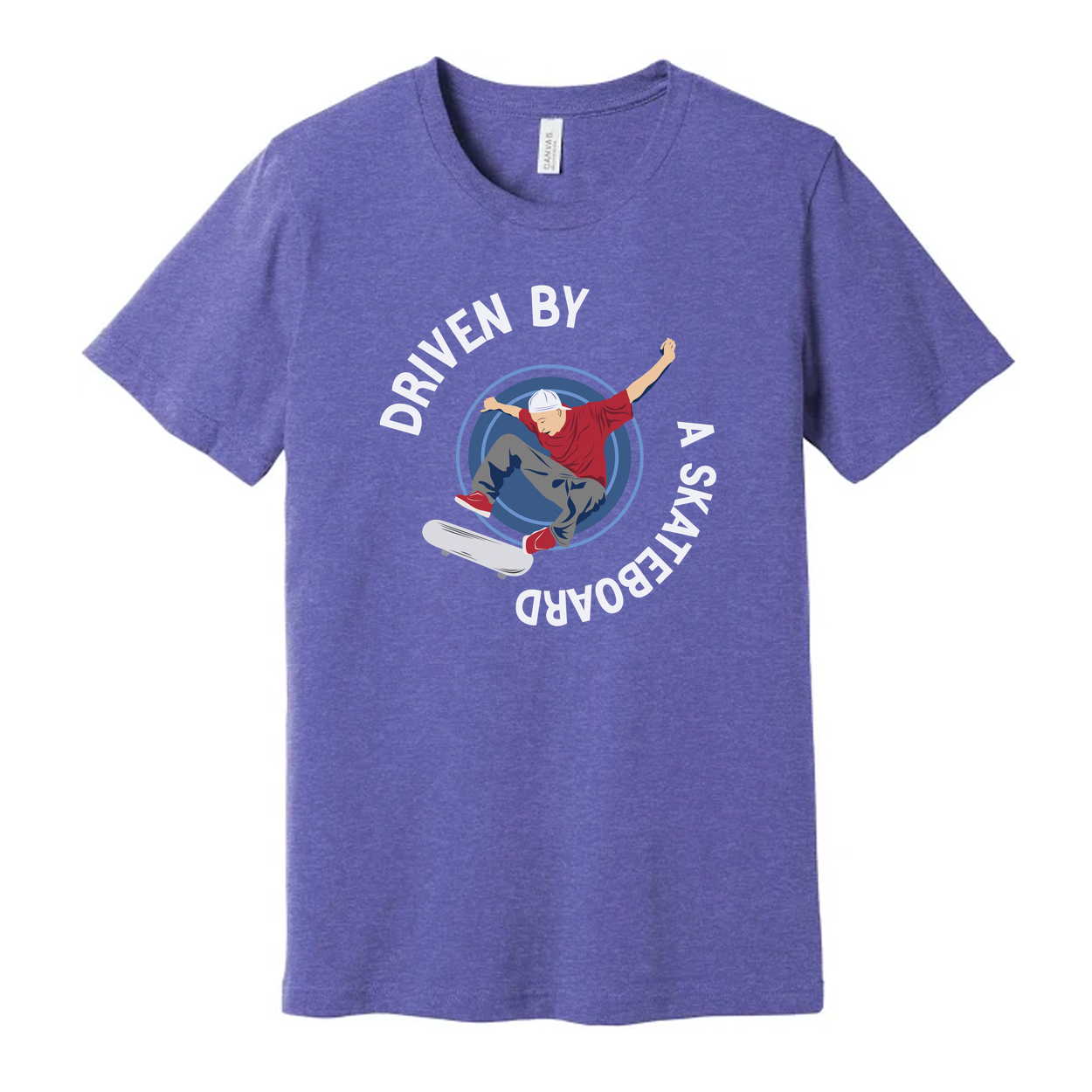 Skateboarder Graphic Tee With Circular Emblem Reading Driven By A Skateboard For Unisex Short Sleeve Shirt